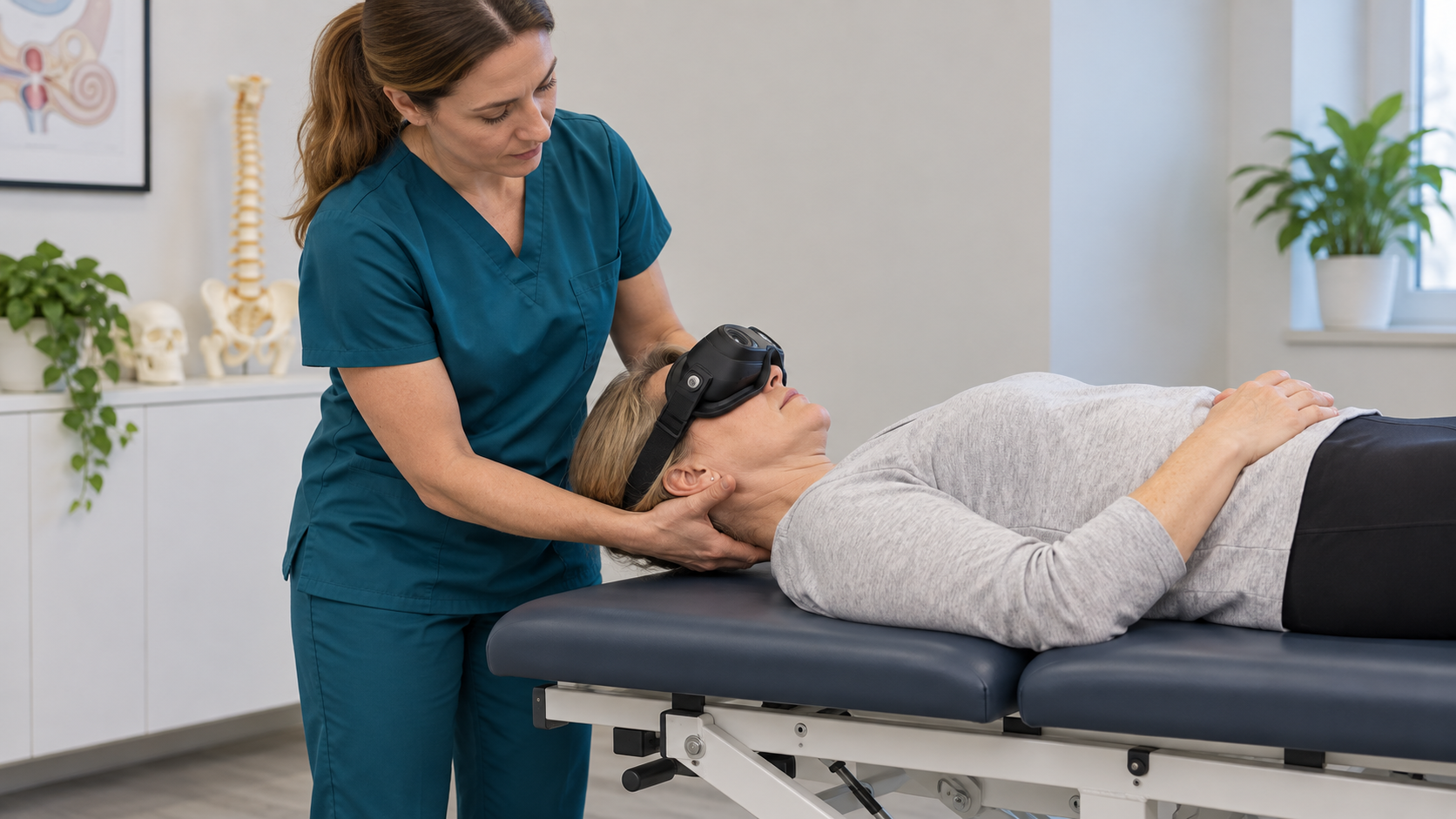 Illustration of a physiotherapist supporting a reclining patient's head during assessment with video Frenzel goggles